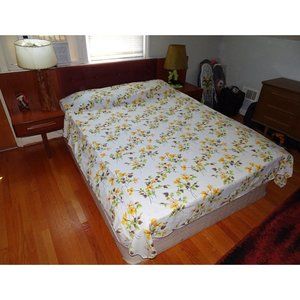 Vintage Perma Prest Floral Full Bed Sheet mcm kitsch 1970's yellow green white f